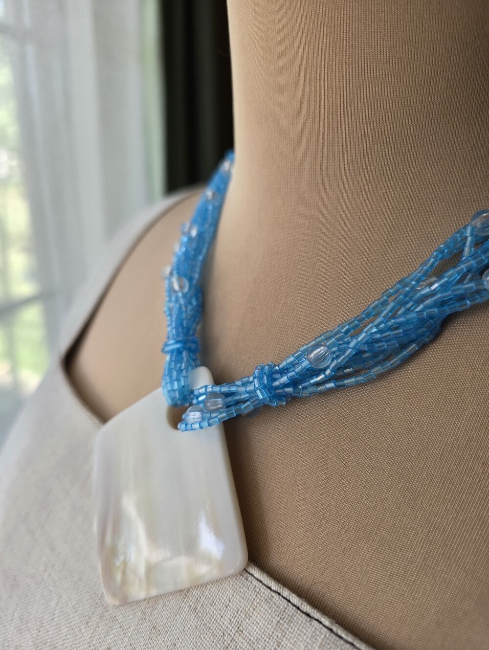 Vintage 22" Aqua Multi-Strand Beaded Necklace w/ 2" Square Abalone Shell Pendant - Picture 6 of 7